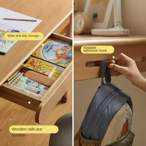 Beech Solid Wood Adjustable Study Table Natural Finish Kids Desk with Drawer & Storage