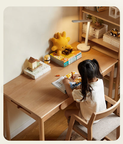 Beech Solid Wood Adjustable Study Table Natural Finish Kids Desk with Drawer & Storage