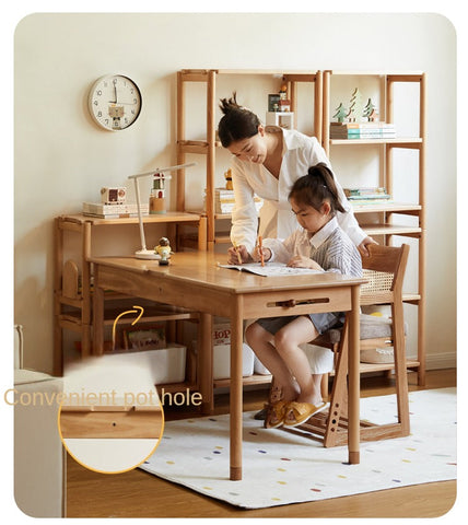 Beech Solid Wood Adjustable Study Table Natural Finish Kids Desk with Drawer & Storage