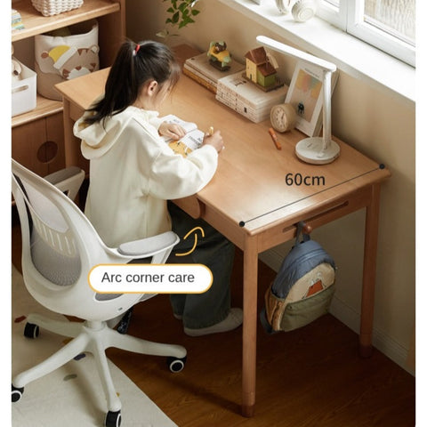 Beech Solid Wood Adjustable Study Table Natural Finish Kids Desk with Drawer & Storage
