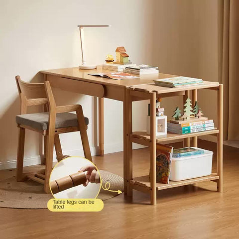Beech Solid Wood Adjustable Study Table Natural Finish Kids Desk with Drawer & Storage