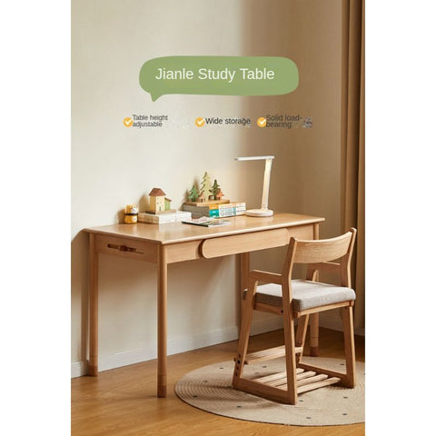 Beech Solid Wood Adjustable Study Table Natural Finish Kids Desk with Drawer & Storage