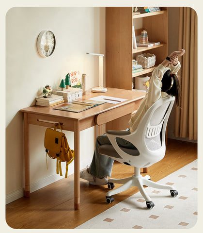 Beech Solid Wood Adjustable Study Table Natural Finish Kids Desk with Drawer & Storage