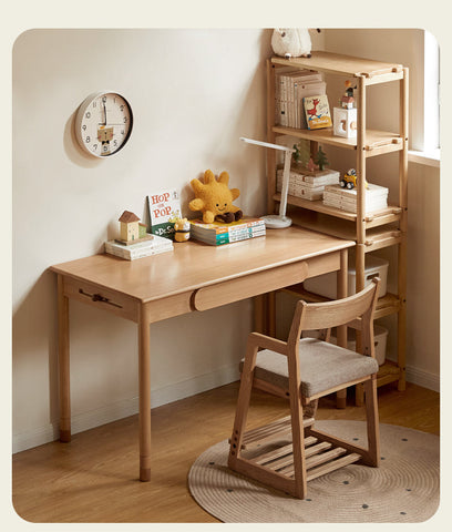 Beech Solid Wood Adjustable Study Table Natural Finish Kids Desk with Drawer & Storage