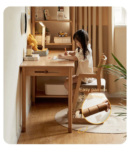 Beech Solid Wood Adjustable Study Table Natural Finish Kids Desk with Drawer & Storage