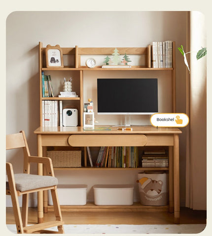 Beech Solid Wood Adjustable Study Table Natural Finish Kids Desk with Drawer & Storage