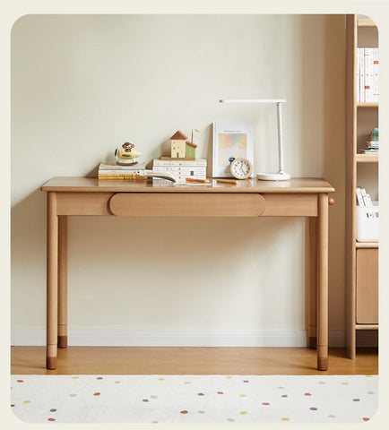 Beech Solid Wood Adjustable Study Table Natural Finish Kids Desk with Drawer & Storage