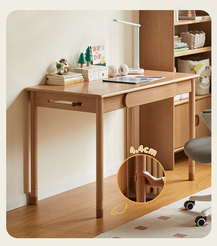 Beech Solid Wood Adjustable Study Table Natural Finish Kids Desk with Drawer & Storage