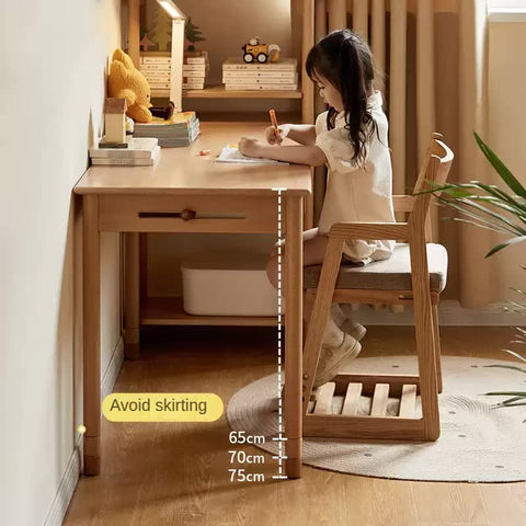 Beech Solid Wood Adjustable Study Table Natural Finish Kids Desk with Drawer & Storage