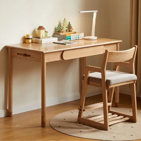 Beech Solid Wood Adjustable Study Table Natural Finish Kids Desk with Drawer & Storage