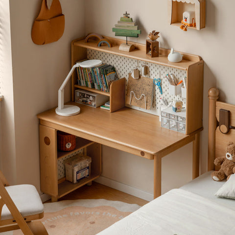 Beech Solid Wood Childrens Study Table with Integrated Bookshelf and Eco Friendly Finish for Home Learning