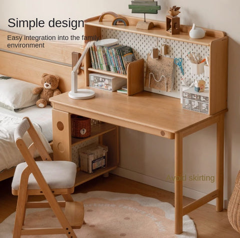 Beech Solid Wood Childrens Study Table with Integrated Bookshelf and Eco Friendly Finish for Home Learning