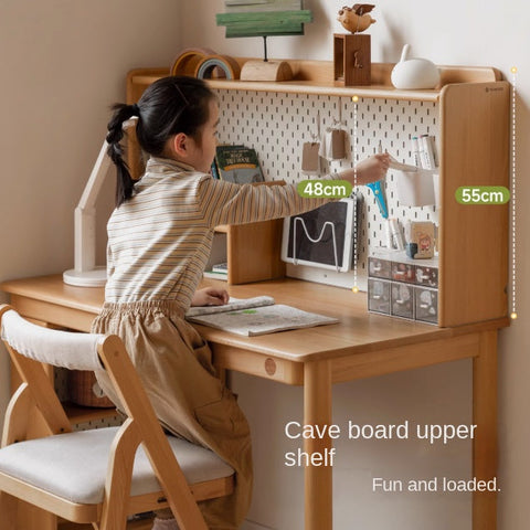 Beech Solid Wood Childrens Study Table with Integrated Bookshelf and Eco Friendly Finish for Home Learning