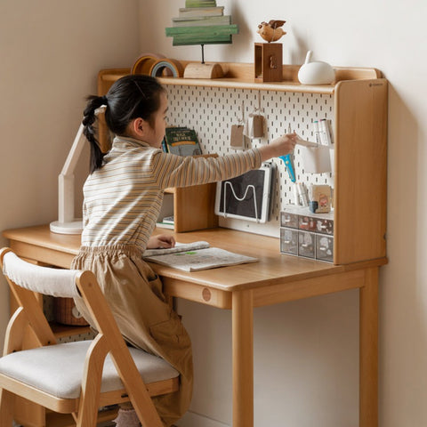 Beech Solid Wood Childrens Study Table with Integrated Bookshelf and Eco Friendly Finish for Home Learning