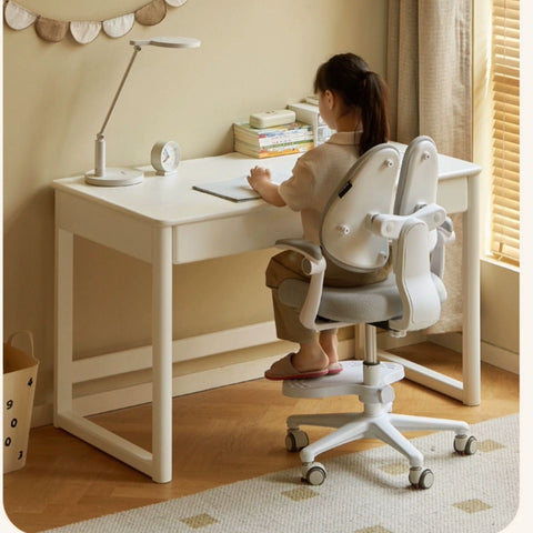 Poplar Solid Wood Study Table and Writing Desk White Cream for Kids Durable Double Drawer Organizer