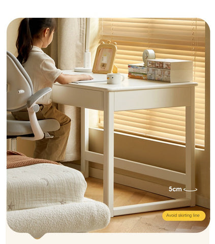 Poplar Solid Wood Study Table and Writing Desk White Cream for Kids Durable Double Drawer Organizer