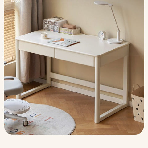 Poplar Solid Wood Study Table and Writing Desk White Cream for Kids Durable Double Drawer Organizer