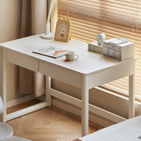 Poplar Solid Wood Study Table and Writing Desk White Cream for Kids Durable Double Drawer Organizer