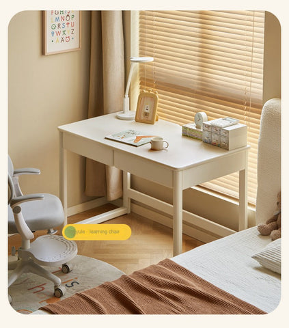 Poplar Solid Wood Study Table and Writing Desk White Cream for Kids Durable Double Drawer Organizer