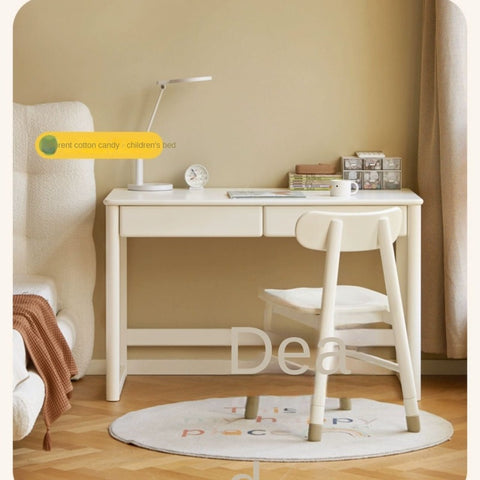 Poplar Solid Wood Study Table and Writing Desk White Cream for Kids Durable Double Drawer Organizer
