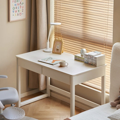 Poplar Solid Wood Study Table and Writing Desk White Cream for Kids Durable Double Drawer Organizer