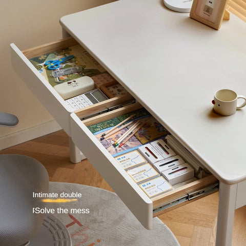 Poplar Solid Wood Study Table and Writing Desk White Cream for Kids Durable Double Drawer Organizer