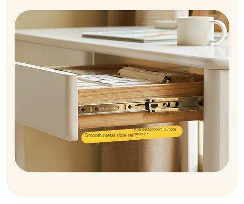 Poplar Solid Wood Study Table and Writing Desk White Cream for Kids Durable Double Drawer Organizer