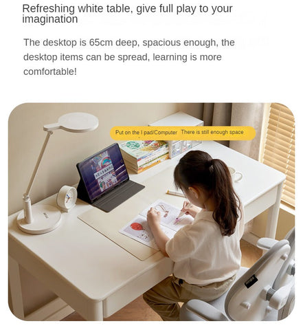 Poplar Solid Wood Study Table and Writing Desk White Cream for Kids Durable Double Drawer Organizer
