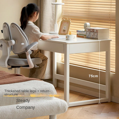 Poplar Solid Wood Study Table and Writing Desk White Cream for Kids Durable Double Drawer Organizer