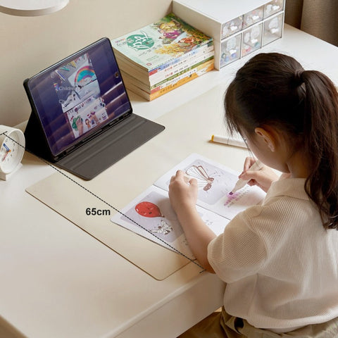 Poplar Solid Wood Study Table and Writing Desk White Cream for Kids Durable Double Drawer Organizer