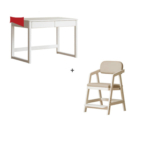 Poplar Solid Wood Study Table and Writing Desk White Cream for Kids Durable Double Drawer Organizer
