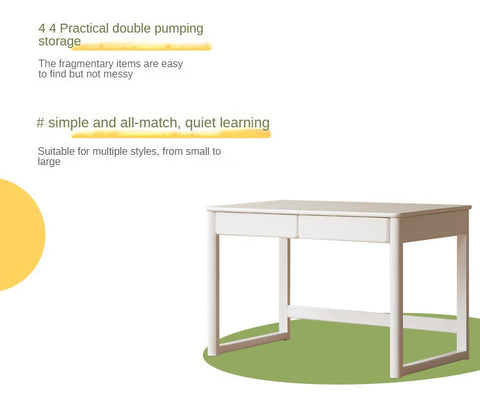 Poplar Solid Wood Study Table and Writing Desk White Cream for Kids Durable Double Drawer Organizer