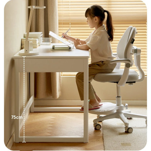 Poplar Solid Wood Study Table and Writing Desk White Cream for Kids Durable Double Drawer Organizer