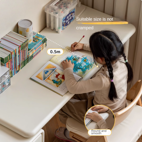Poplar Solid Wood Cream Retractable Double Desk for Children Student Study Table with Storage