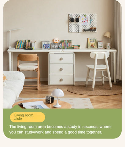 Poplar Solid Wood Cream Retractable Double Desk for Children Student Study Table with Storage