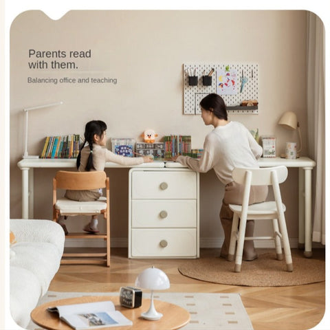 Poplar Solid Wood Cream Retractable Double Desk for Children Student Study Table with Storage