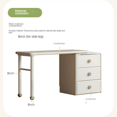 Poplar Solid Wood Cream Retractable Double Desk for Children Student Study Table with Storage