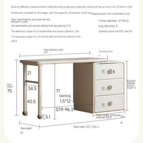 Poplar Solid Wood Cream Retractable Double Desk for Children Student Study Table with Storage
