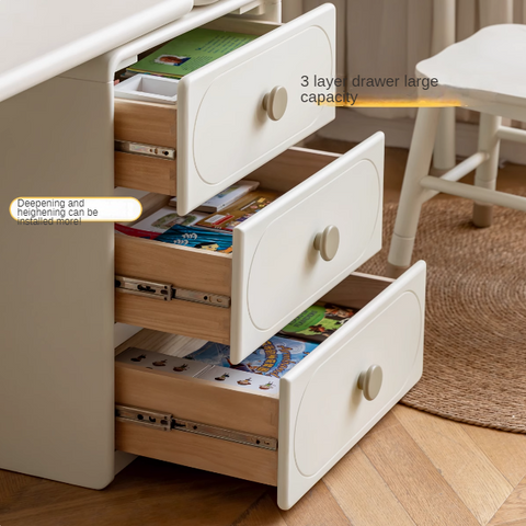 Poplar Solid Wood Cream Retractable Double Desk for Children Student Study Table with Storage