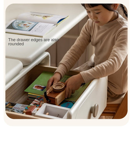 Poplar Solid Wood Cream Retractable Double Desk for Children Student Study Table with Storage