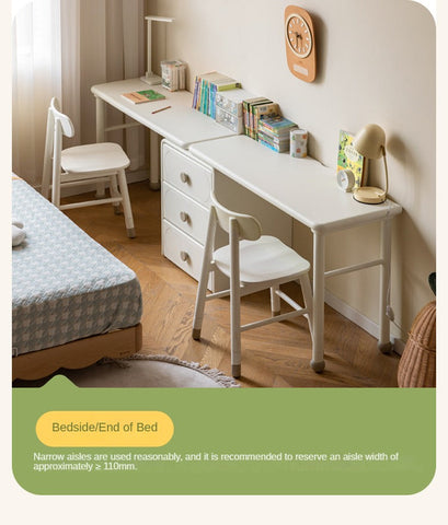 Poplar Solid Wood Cream Retractable Double Desk for Children Student Study Table with Storage
