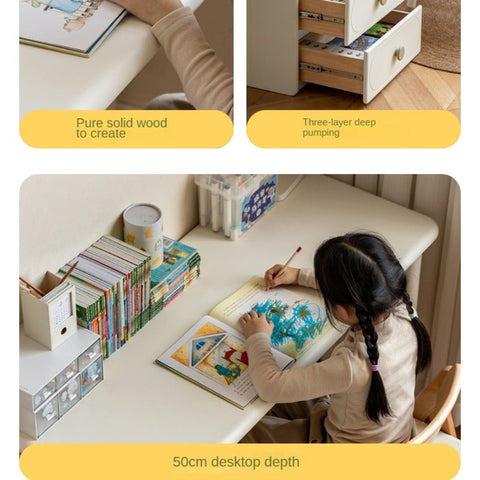 Poplar Solid Wood Cream Retractable Double Desk for Children Student Study Table with Storage