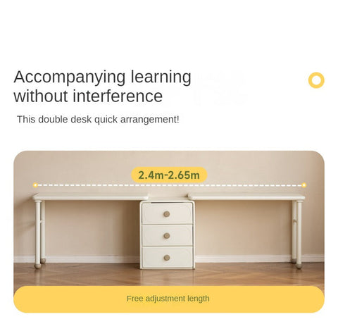 Poplar Solid Wood Cream Retractable Double Desk for Children Student Study Table with Storage