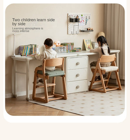 Poplar Solid Wood Cream Retractable Double Desk for Children Student Study Table with Storage