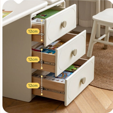Poplar Solid Wood Cream Retractable Double Desk for Children Student Study Table with Storage