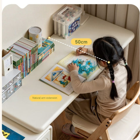 Poplar Solid Wood Cream Retractable Double Desk for Children Student Study Table with Storage