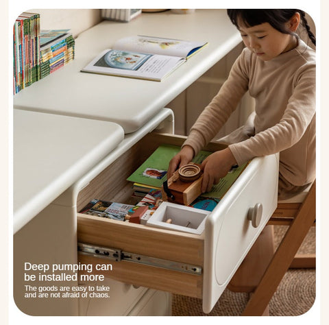 Poplar Solid Wood Cream Retractable Double Desk for Children Student Study Table with Storage