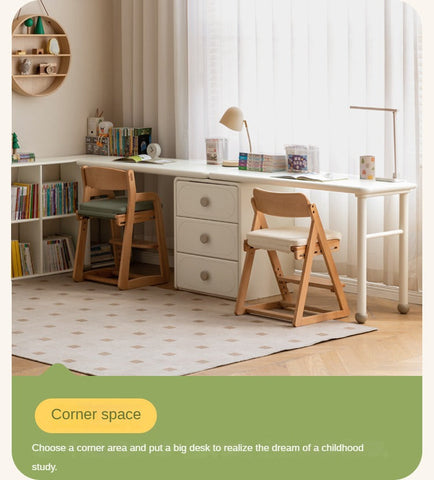 Poplar Solid Wood Cream Retractable Double Desk for Children Student Study Table with Storage