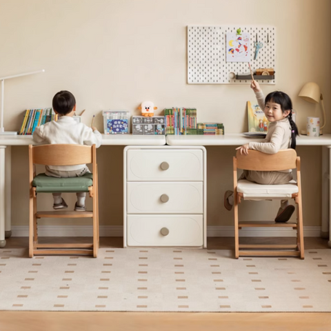 Poplar Solid Wood Cream Retractable Double Desk for Children Student Study Table with Storage
