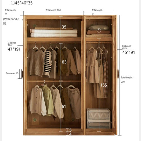 Oak Solid Wood Kids Wardrobe And Bookcase Combination